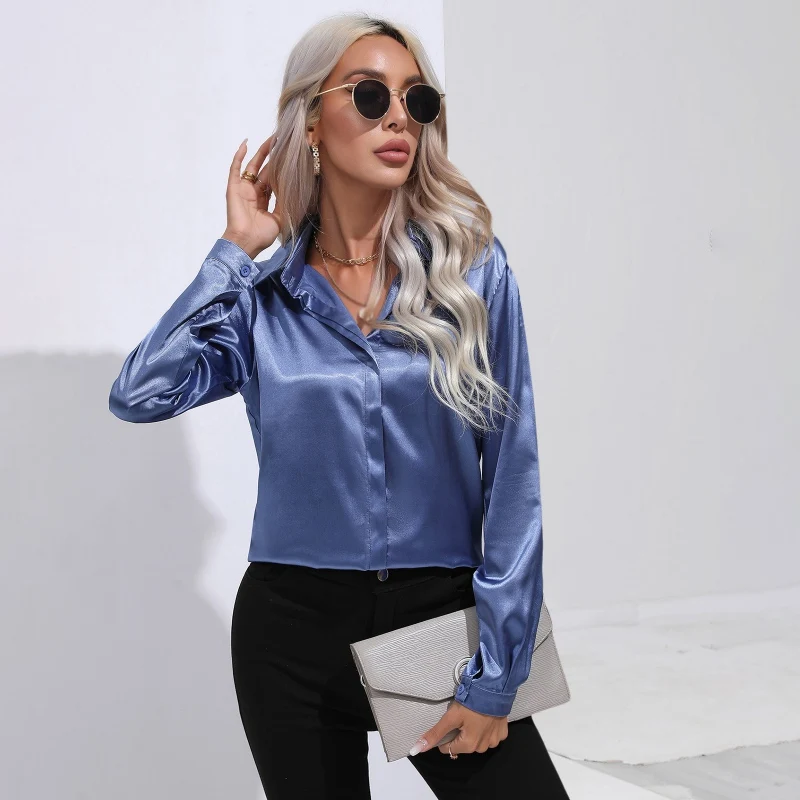 Womens Long Sleeve Button Down Satin Shirts Work Business Casual Blouses Tops