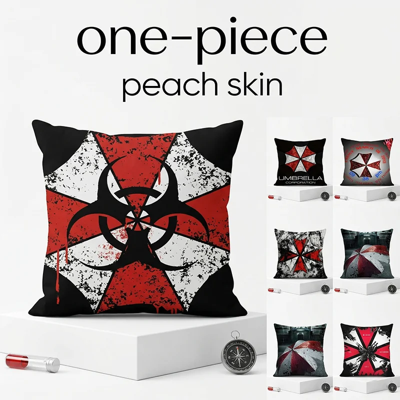 

Horror Game Umbrella Corporation Cushion Cover Peach Skin Biohazard Throw Pillowcase for Man Cave Sofa Movie Room Decor 1PC