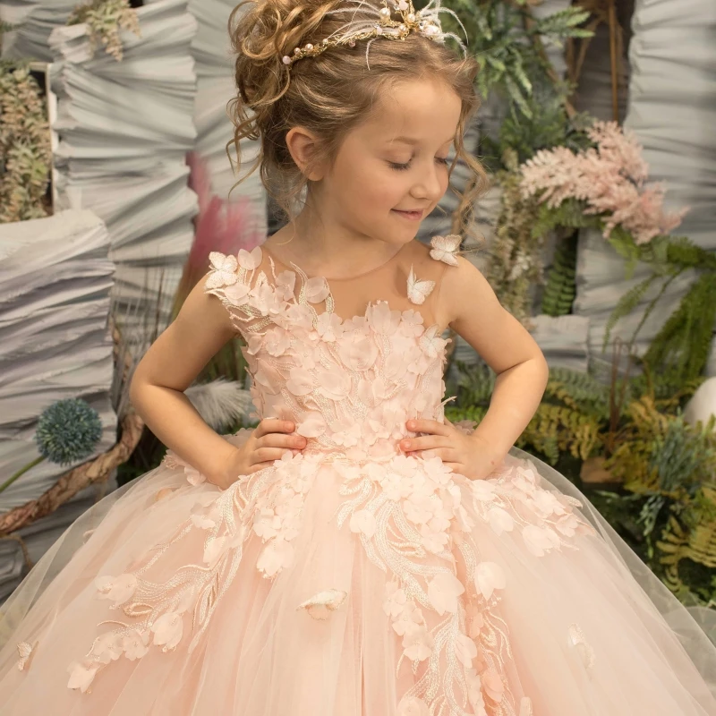 Light Champagne Flower Girl Dress Tulle With 3D Flowers And Butterfly Sleeveless For Wedding Birthday Banquet Princess Gowns