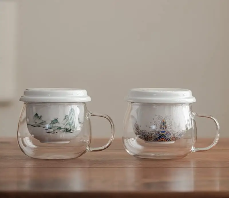 Glass Tea Cup Coffee Mug with Ceramic Infuser and Lid Saucers, Chinese Traditional Patterns, Tea, Juice, Coffee - 10oz (WAVE CLI