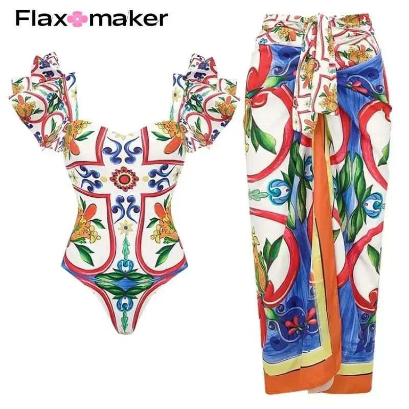 FLAXMAKER Ruffle Shoulder Printed One Piece Vacation Swimwear bikini sets Women Beachwear Bathing Suit  Monokini