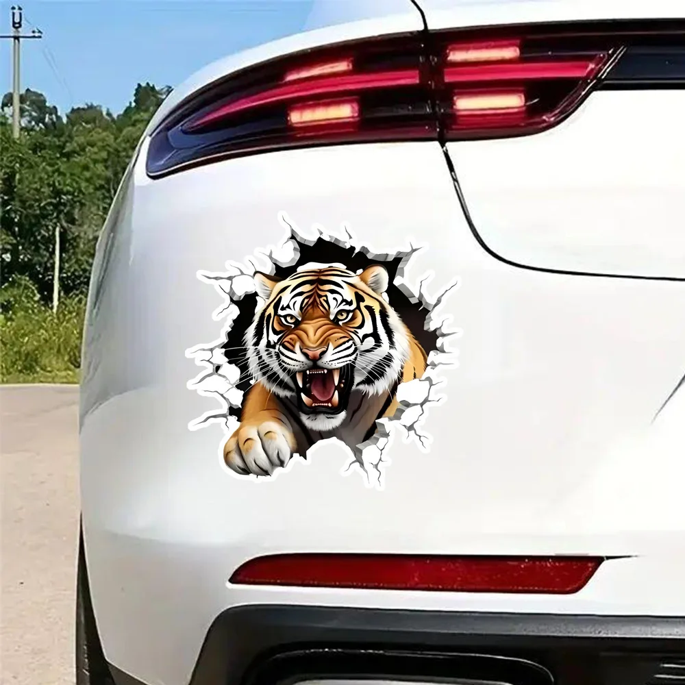 Tiger Break the Wall Car Sticker, 15x15cm Waterproof Vinyl Material Car Accessories, Funny Exterior Decal For Vehicles, Trucks