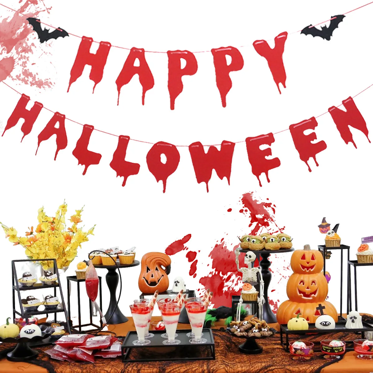 

New Halloween Black Red Bat Spider Banners Party Atmosphere Arrangement Decorative Props Ghost Festival Decorations Streamers