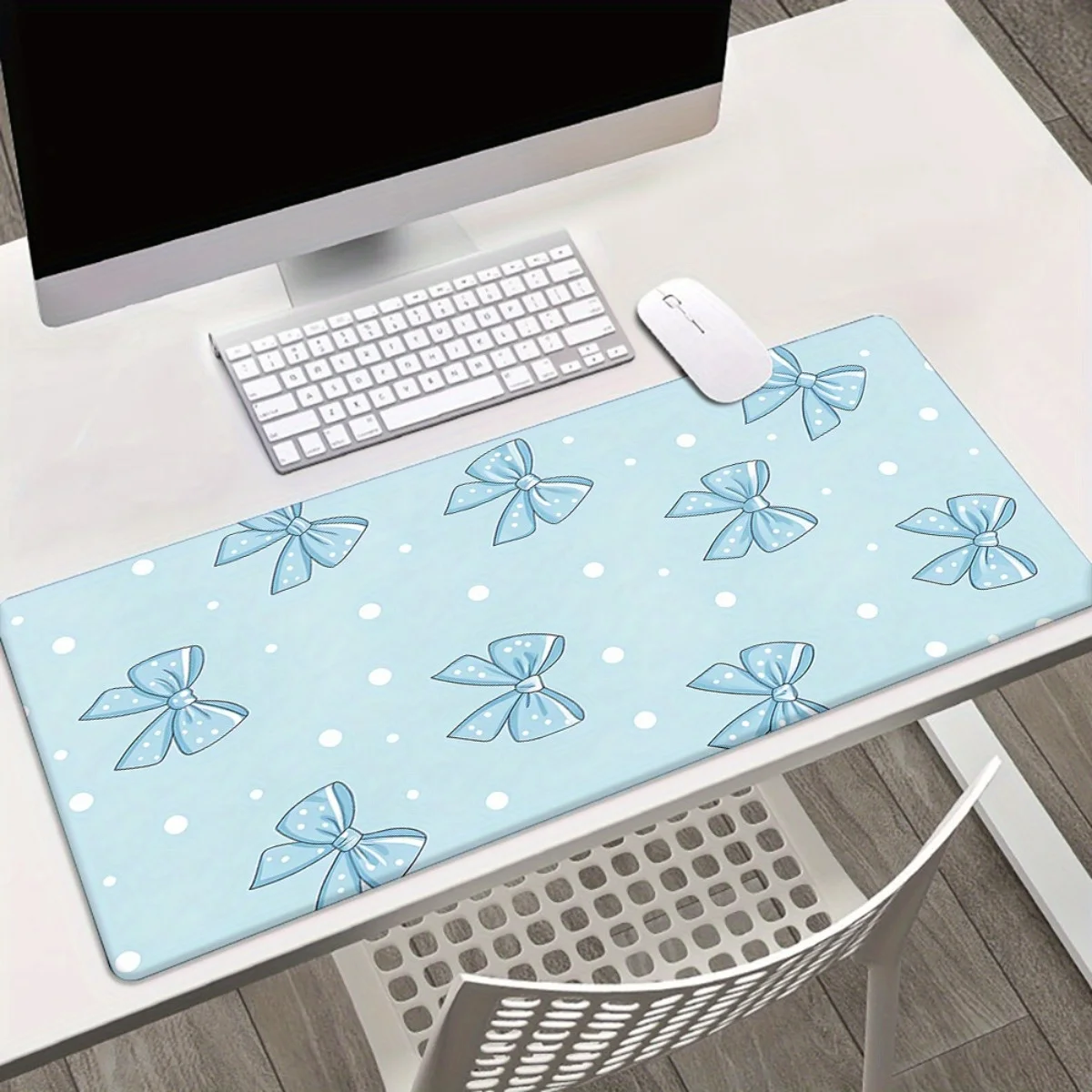 

XXL blue bow pattern mouse pad, multi-functional, suitable for both gaming and office use, with high-quality white dot pattern