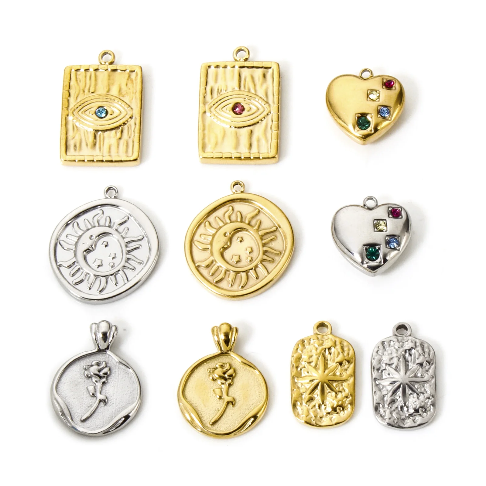1pc Heart 304 Stainless Steel Charms Multicolor Rose Flower Evil Eye Fashion Pendants Set With Colored Rhinestones Findings