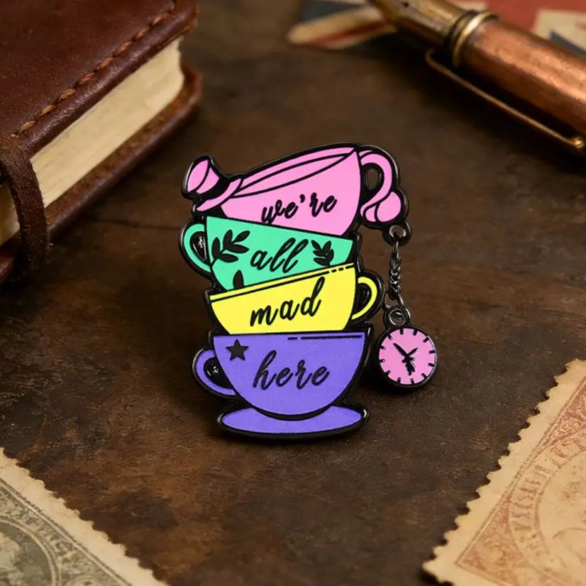 We'Re All Mad Here Enamel Pin Stacked Cups Pocket Watch Pendant Brooch Tea Party Badge Princess Girl Fans Gift Accessory