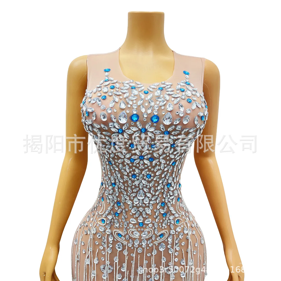 Bead Chain Pendant Color Matching Tight Mesh Dress Cocktail Party Night Performance Clothes Miniskirt Blue Wind vestido de festa
