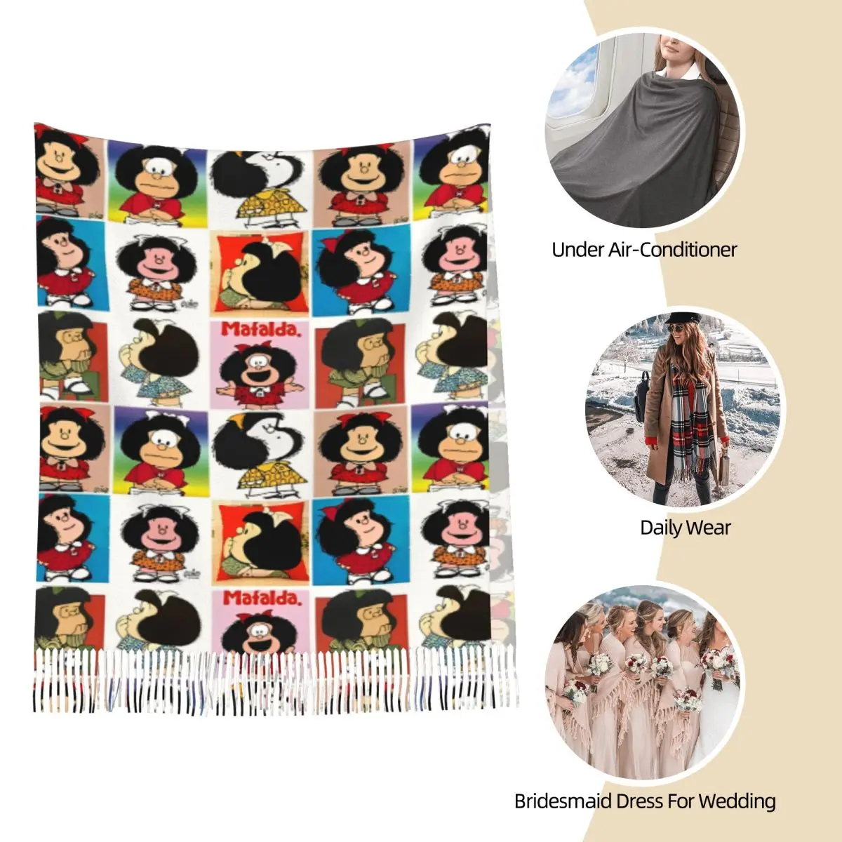 Syal Rumbai Wanita Mafaldaa Anime Kartun Syal Hangat Musim Dingin Besar dan Hadiah Syal Kasmir