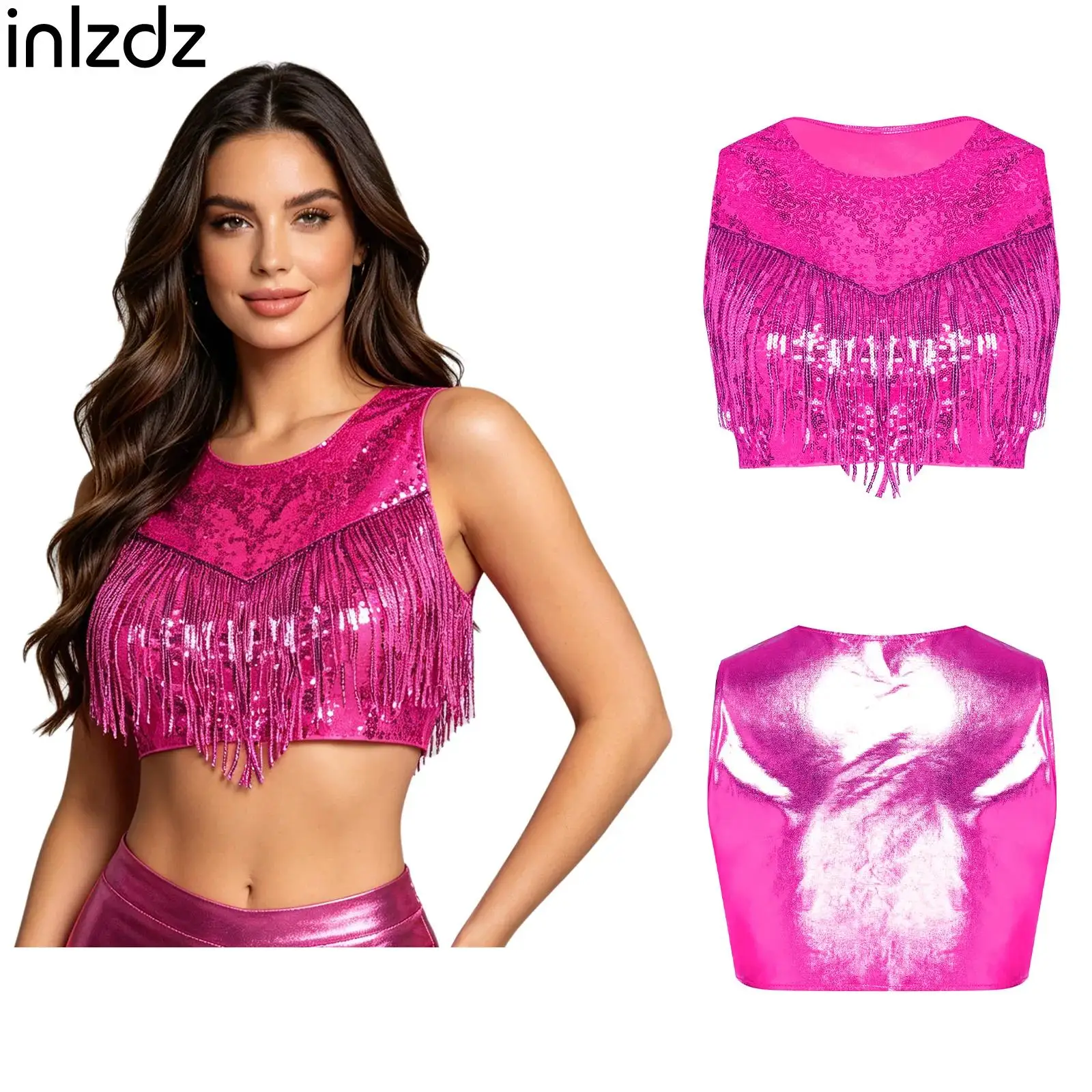 

Sleeveless Sequin Jazz Dance Crop Top for Women Metallic Shiny Disco Tassel Crew Neck Vest Tank for Rave Party Hip Hop Clubwear