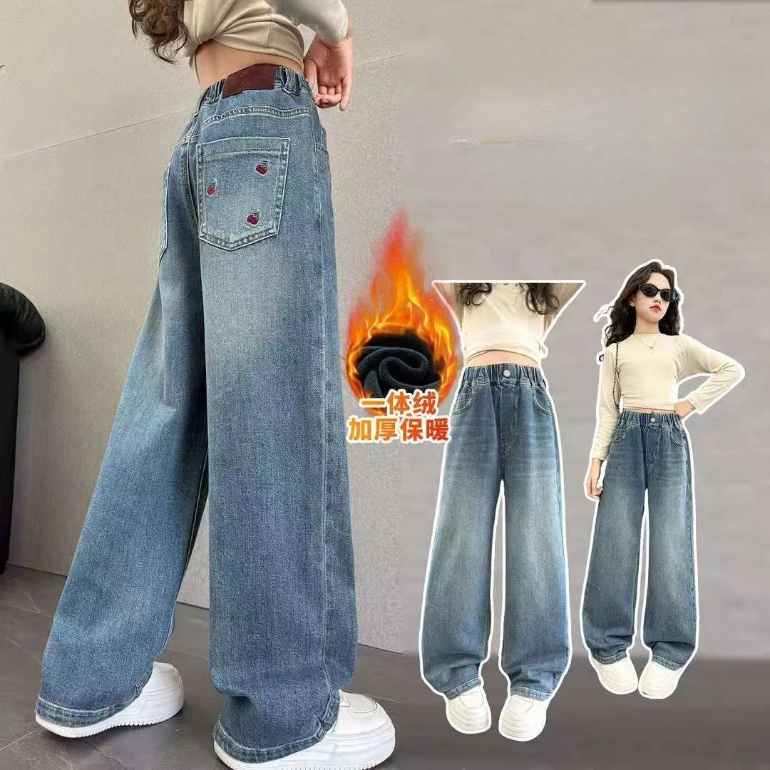 

Зимние термоджинсы для девочек с тремя вишневыми карманами для детей, теплые вельветовые утепленные джинсовые брюки, детские флисовые брюки