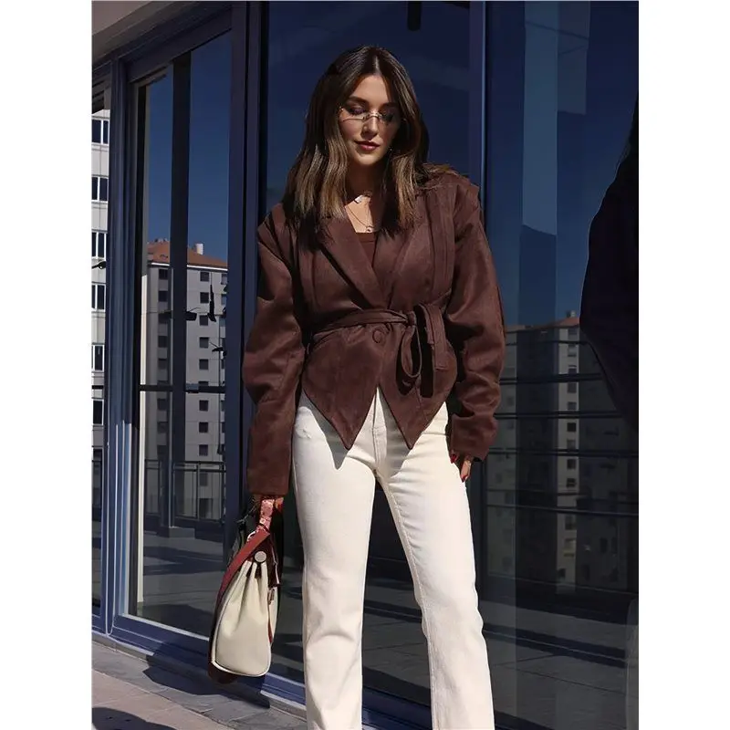 CYL-Leder Patchwork Jacke Mit Gürtel Weibliche Lange Ärmel Kordelzug Krawatte Mantel Weibliche Dicke Straße Outwear Braun M