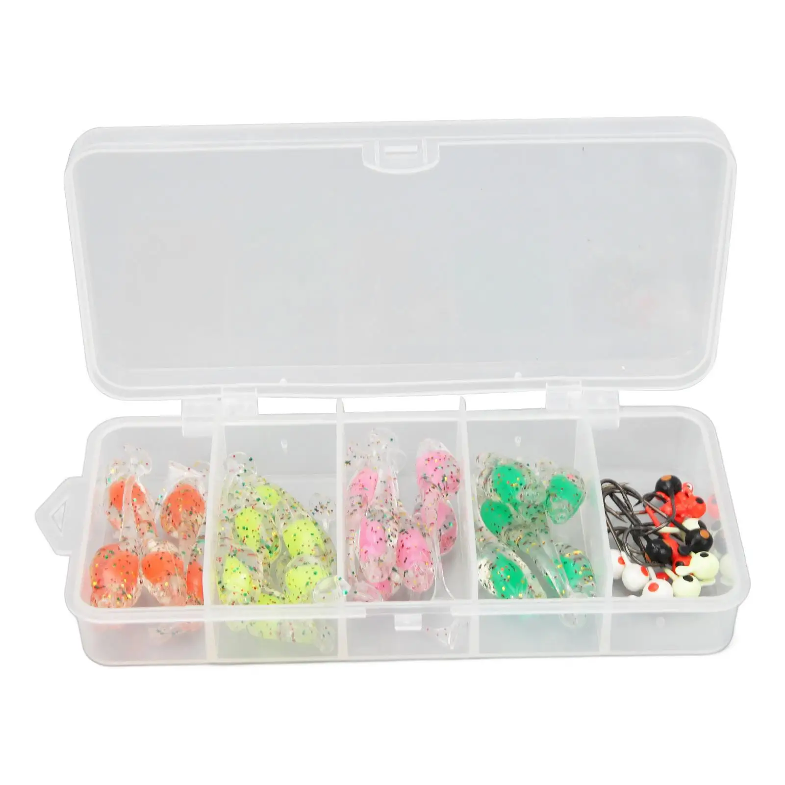 

Silicone Fishing Lures Kit with TPE Soft T Tail Baits & Hooks - Transparent Storage Box for freshwater /Saltwater