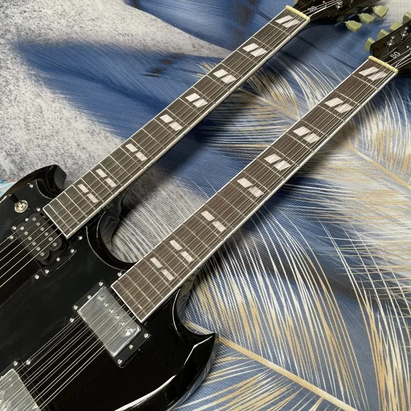 LEFT HAND Black 12+6String H-H Pickups Double Neck SG Electric Guitar for Professional Performance