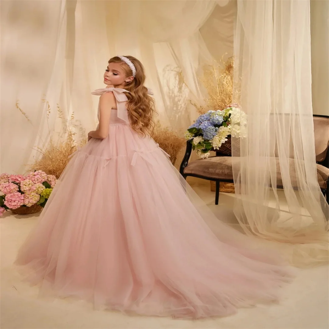 Customized Newest Pink Bow Tulle Long Girls Dresses Children's Day Performance Wear Sparkly Beaded A-line Kids Princess Gown