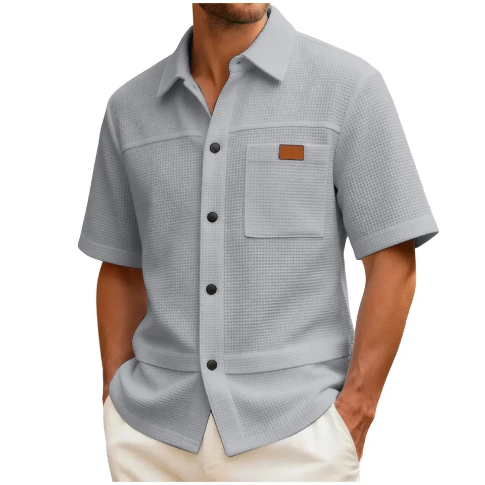 Summer New Shirts Men's Clothing Waffle Short Sleeve Lapel Blouse Tops Solid Breathable Casual Button Down Shirt Streetwear