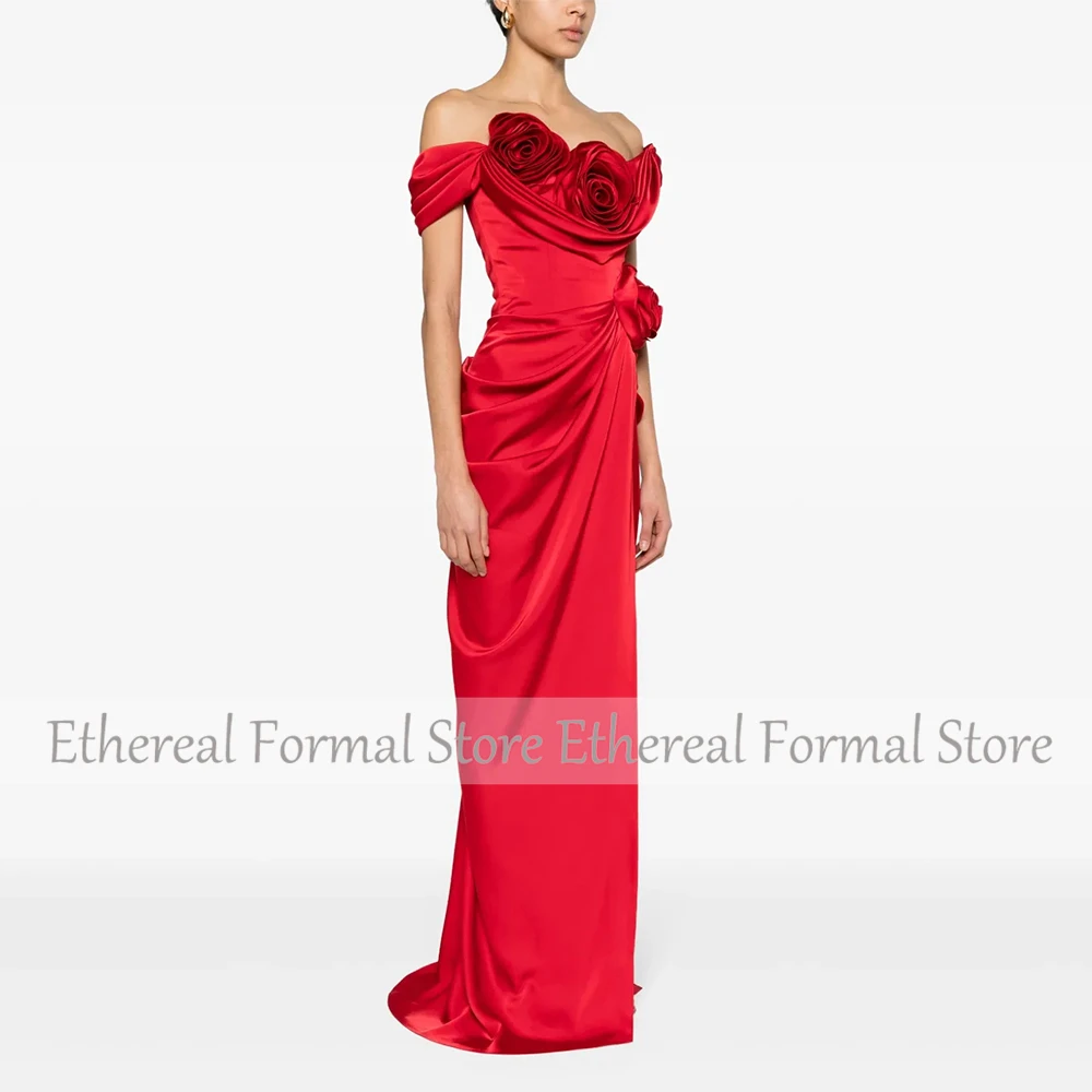 Rotes Satin-Abendkleid für die Hochzeit, bodenlanges formelles Partykleid, schulterfreies Kleid aus Saudi-Arabien, ärmelloses Ballkleid