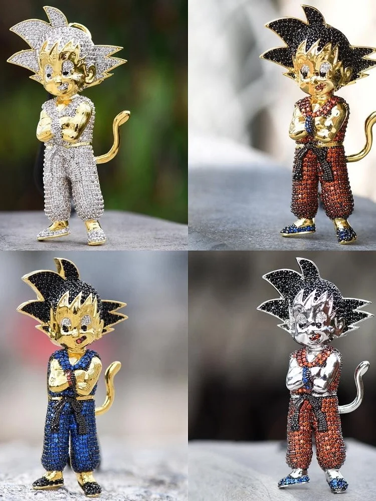 Custom hip hop metal goku pendant icedout full body 925 silver moissanite diamond cartoon character necklaces