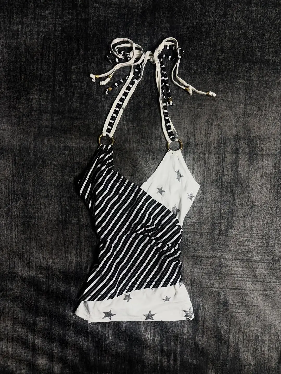 American retro vintage black white striped star-studded halter top slimming and figure-hugging hot girl summer Fashion trend
