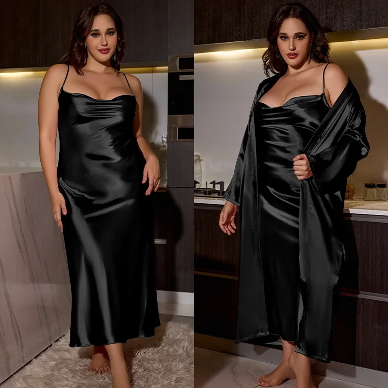 Plus Size 3XL 4XL 5XL Nighty&Robe Set Sexy Bride Long Wedding Bathrobe Dress Spring Summer New Sleepwear Loose Satin Home Wear