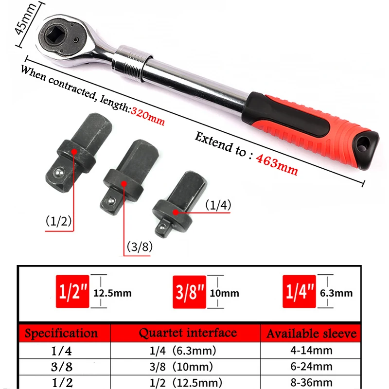 3 في 1 قابل للسحب 1/2 "3/8" 1/4 "مقبس اسئلة وجع 72 الأسنان تمديد تلسكوبي اسئلة المقبس أداة مفتاح الربط مقبض بسقاطة