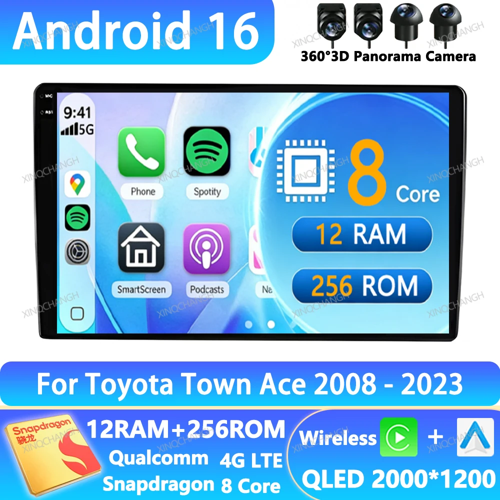 Android 16 Car Radio For Toyota Town Ace 2008 - 2023 QLED Qualcomm 4G WIFI Multimedia Video Player GPS 2DIN Head Unit Navigation