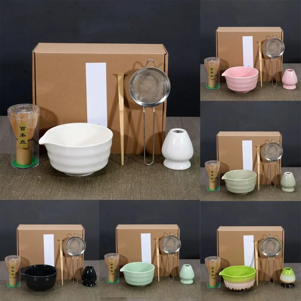 

5pcs New Bamboo Ceramic Japanese Matcha Tea Set with Spout Reusable Match Bowl Food Grade Safe Japanese Chasen Stirring