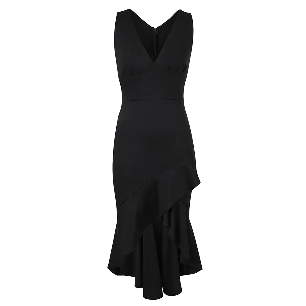 Black Sexy Short Dress for Women V Neck Sleeveless Ruffled  High Waist Slim Party Dresses