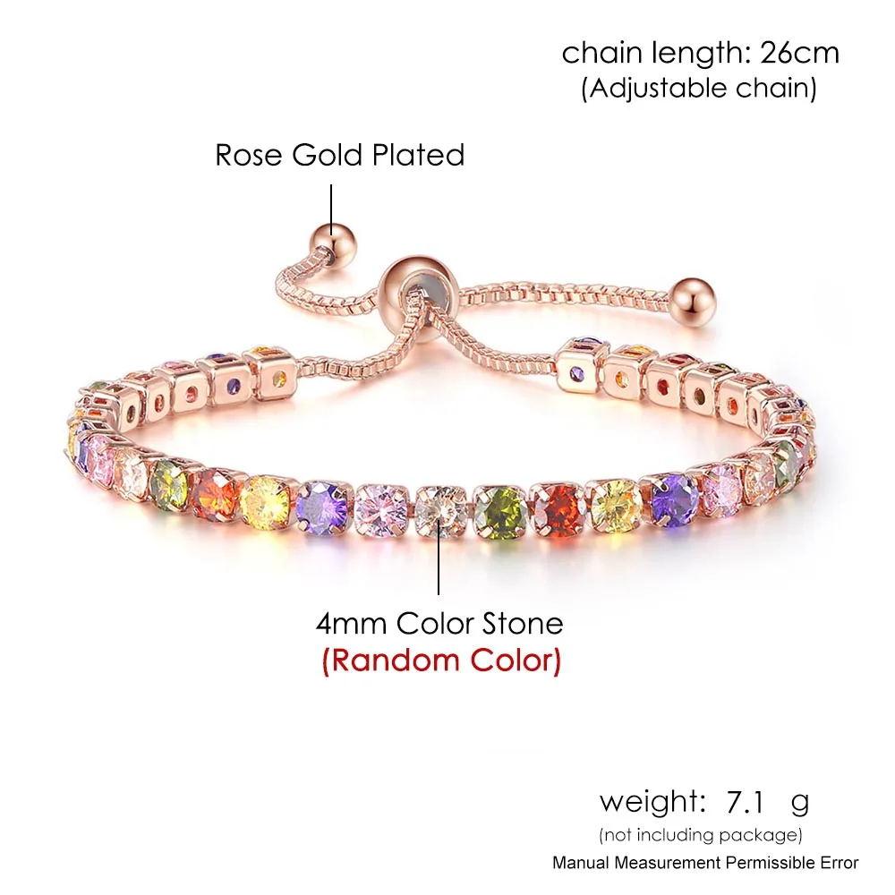 Adjustable Tennis Bracelet For Women Christmas Gift 4*4mm Rainbow Zircon Rose Gold Color Women\'s Bracelet Jewelry H056