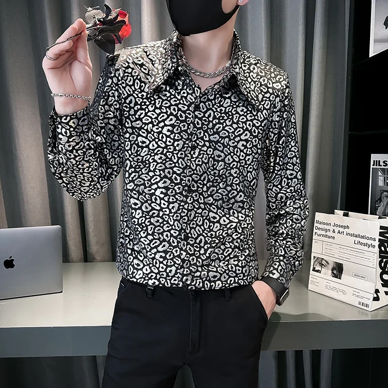 Fashion Glossy Leopard Print Shirt Men Long Sleeve Casual Shirts Social Nightclub Banquet Shirts Stage Performance Costumes 2024