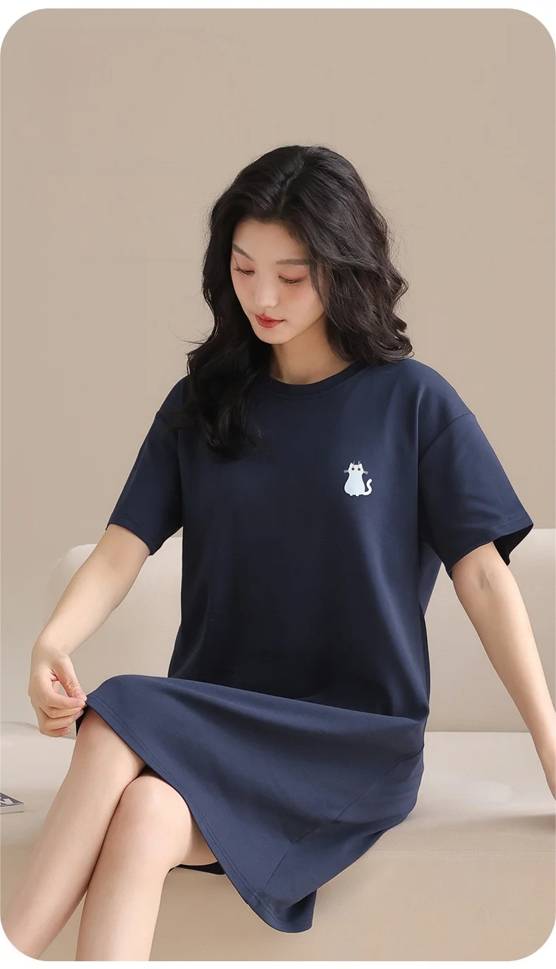 Dawnloom Navy Cotton Nightgown with Built-in Bra (Short Sleeve) for Women Minimalist Cute Comfortable Home Pajamas