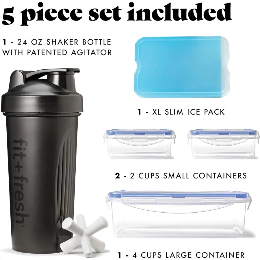 Pudełko na lunch BREE Meal Prep z pojemnikami, pakietem chłodzącym i butelką do mieszania dla kobiet i mężczyzn, 6 szt. Zestaw do przygotowywania posiłków Torba na lunch z pojemnikiem