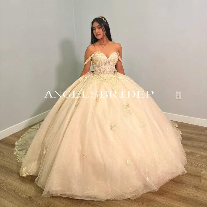 ANGELSBRIDEP Champagne Flower Quinceanera Dress Off-Shoulder 3D Beading Lace Vestidos De 15 Anos Birthday Party Customized