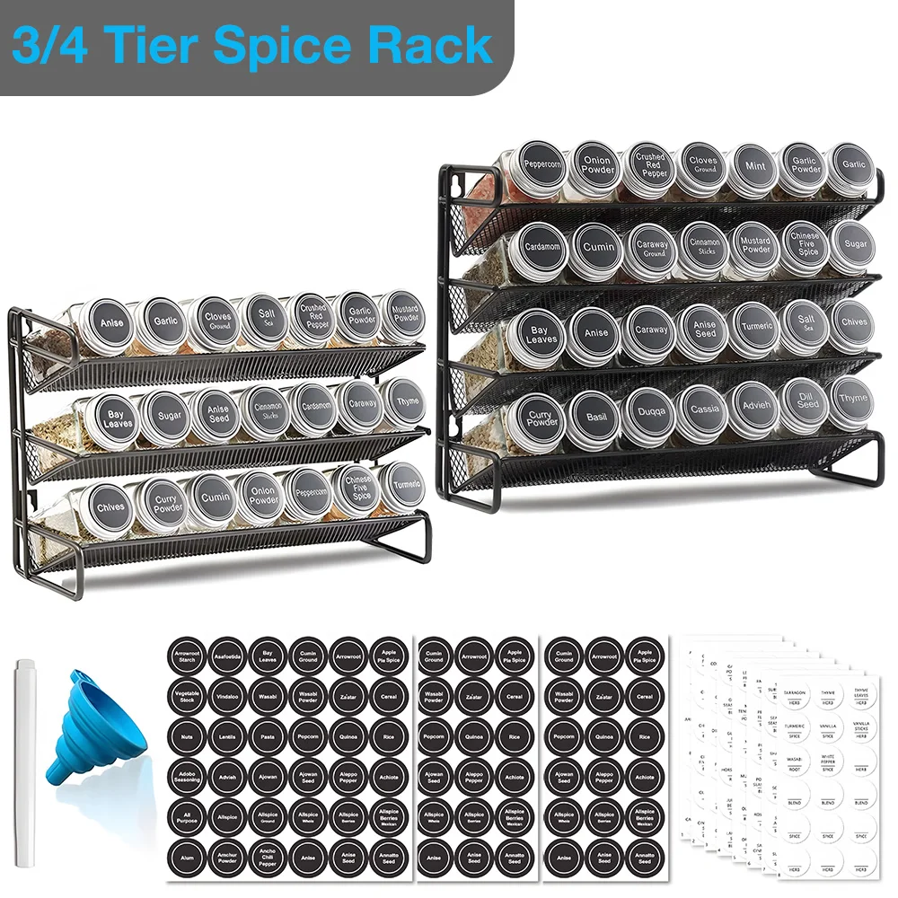 Kitchen Organizer Spice Rack 3/4 Tier Wall Mounted Carbon Steel Shelf with Glass Spice Jars Pantry Cupboard Kitchen Accessories