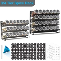 Kitchen Organizer Spice Rack 3/4 Tier Wall Mounted Carbon Steel Shelf with Glass Spice Jars Pantry Cupboard Kitchen Accessories