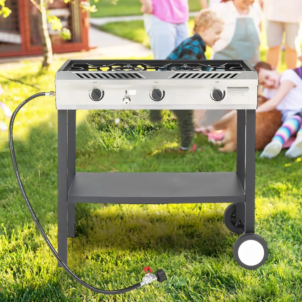 

Camping 3-Burner Electric Ignition Stove Propane w/ Shelf,Side Table,Grill