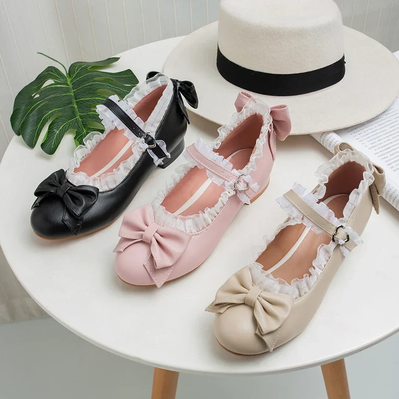 Women Sweet Lolita Mary Jane Shoes Rockabilly Flats Lace Pumps with Bow Maid Princess Night Club Cosplay Party Footwear