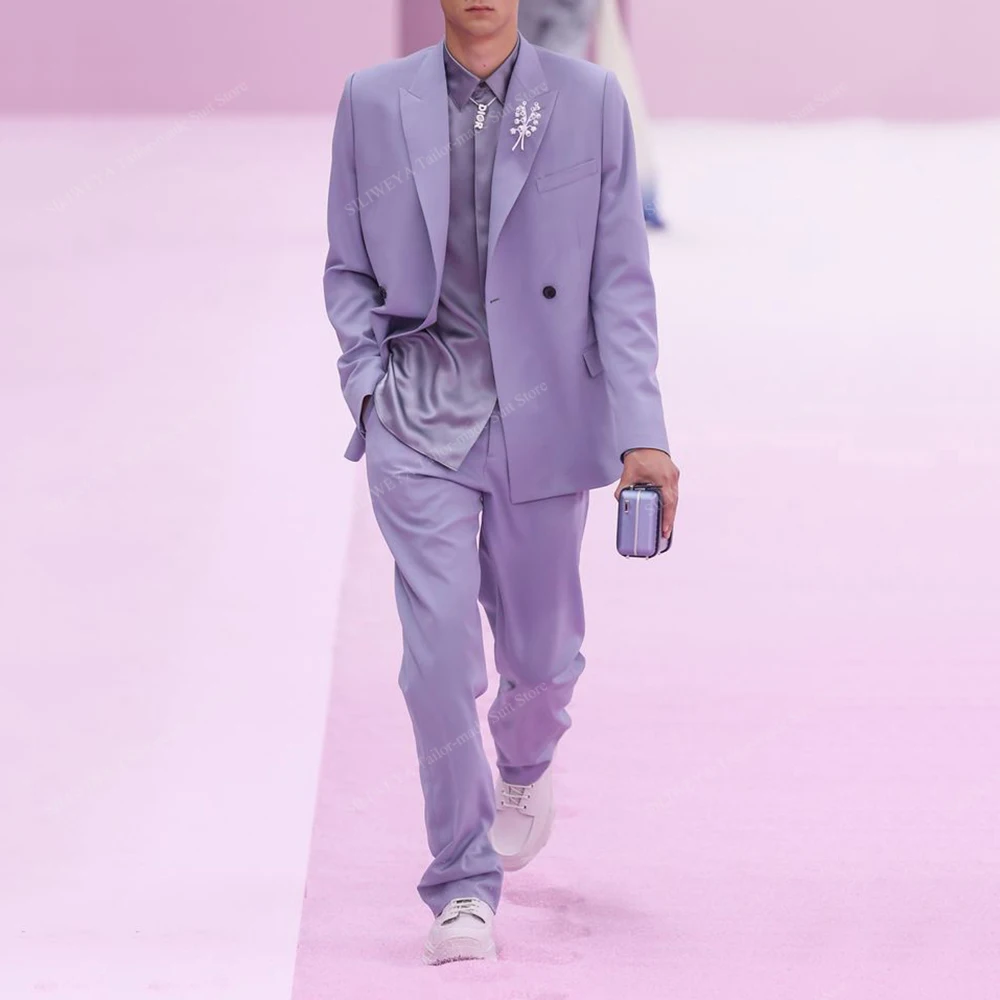 

High-end Purple Men's Suits Double Breasted Two Pieces Jacket Pants Male Clothing Banquet Party Office Wedding Male Clothing