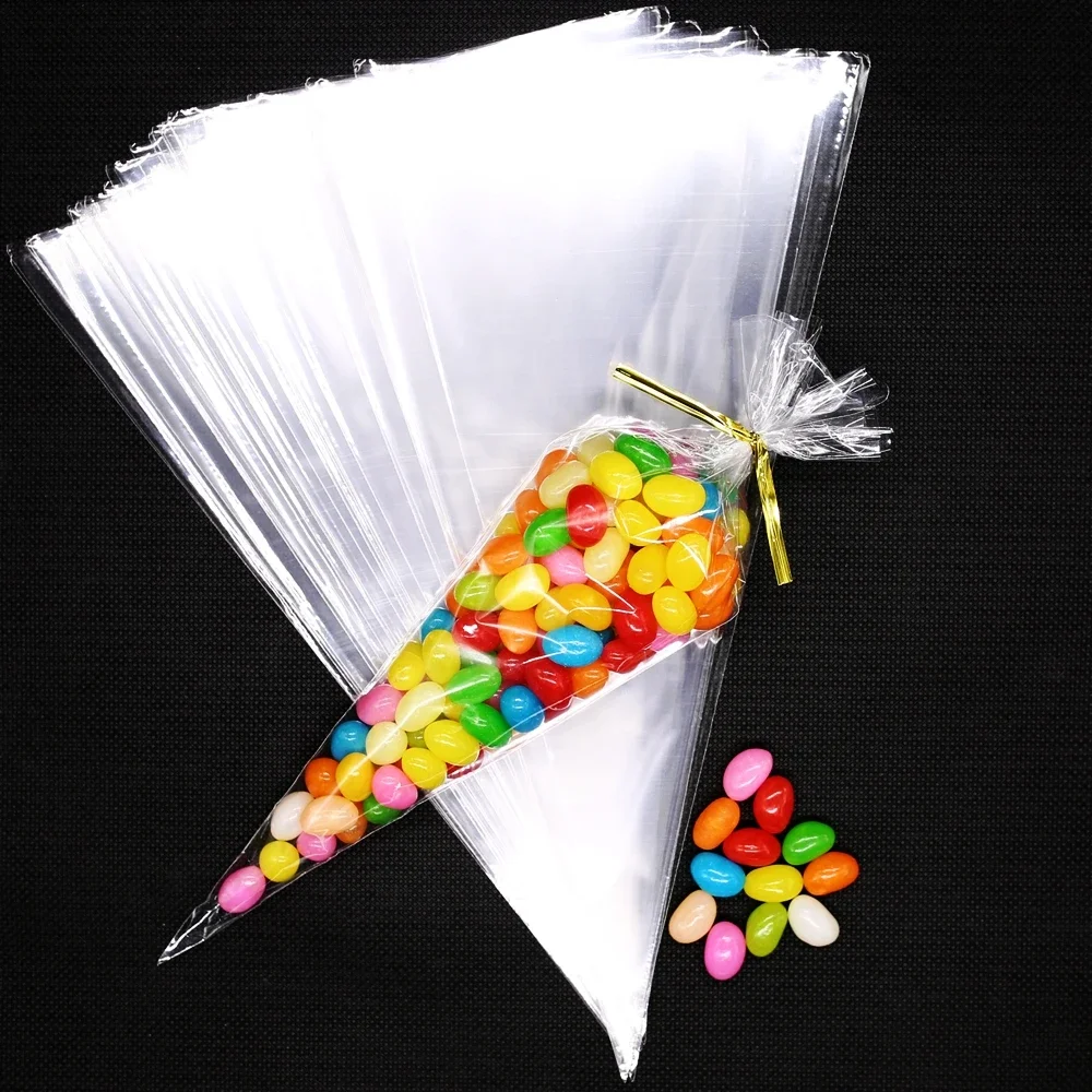 100Pcs Transparent Cellophane Packaging Bags Transparent Cone Candy Bags DIY Wedding Birthday Party Gift Bags