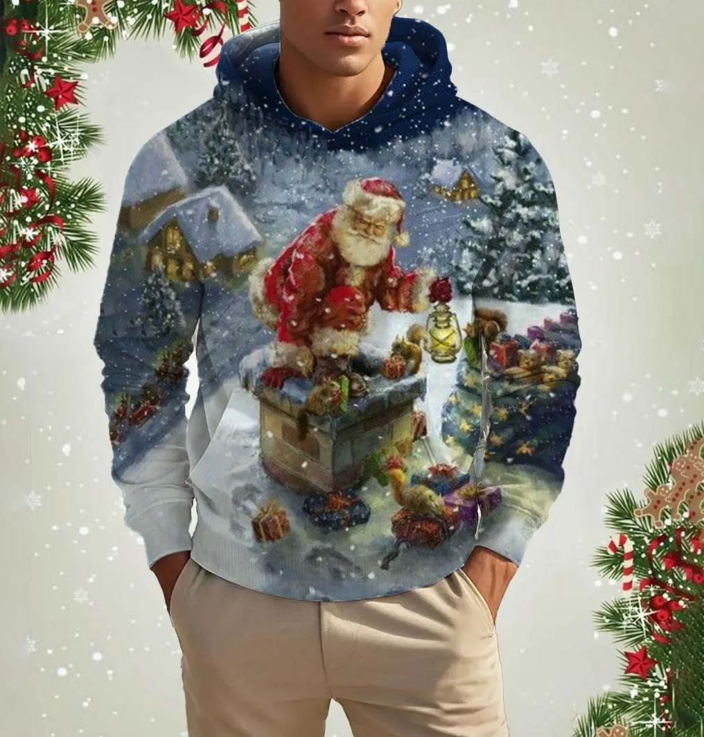 

Men's Merry Christmas Oversized hoodie Long sleeve sweatshirt Holiday and cozy holiday fashion fun Santa print hoodie