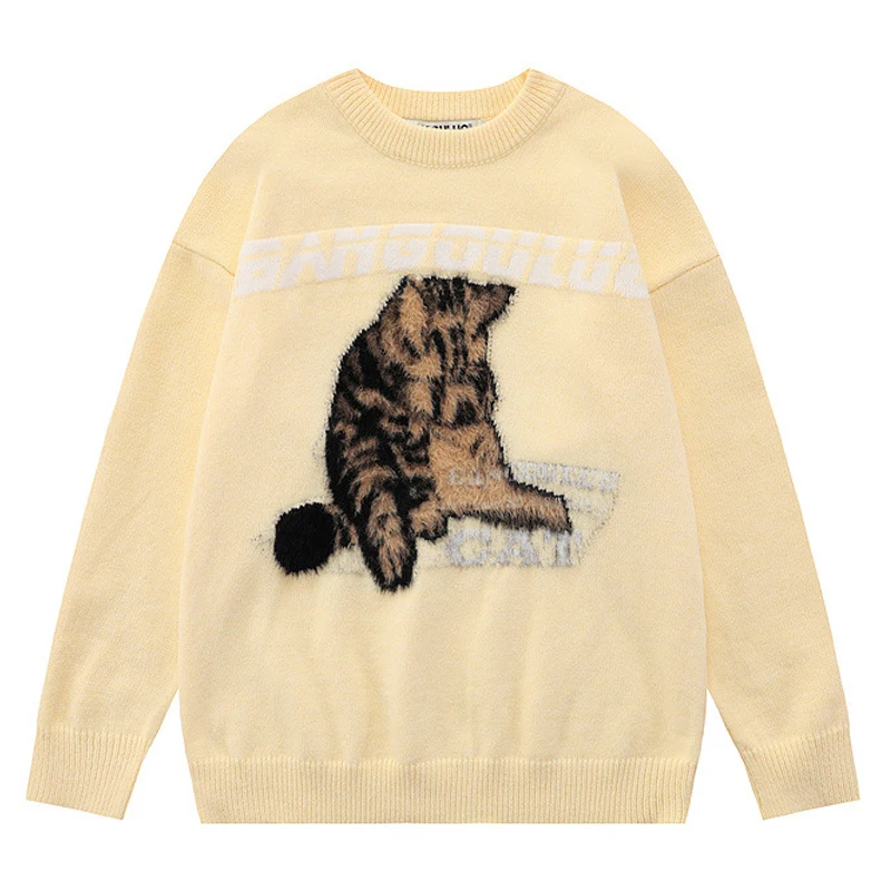 Mens Knitted Sweater Women Letter Cute Cat Flocking Street Harajuku Jumper Unisex Cartoon Hip Hop Retro Casual Pullover Spring