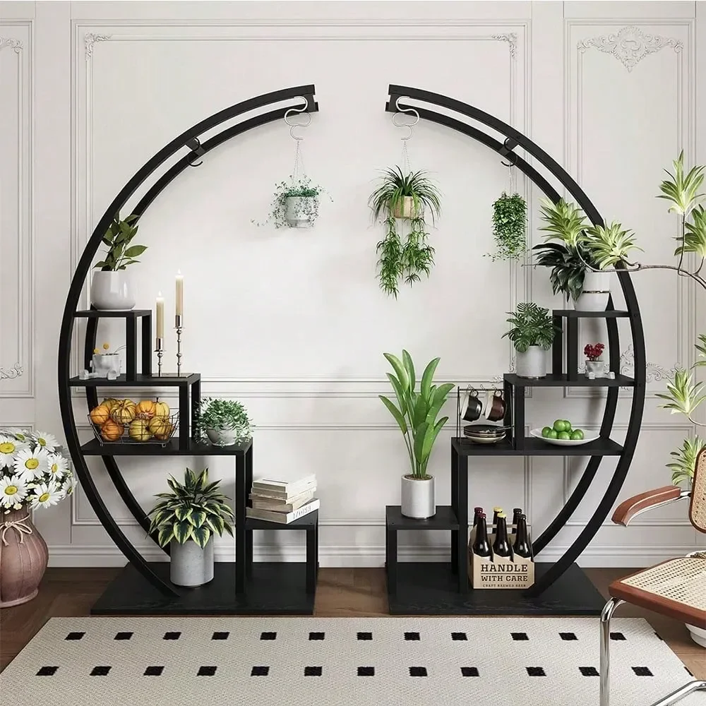 

Tier Round Plant Stand Half Moon Shape Indoor Metal Garden Plant Holder Flower Shelf Rack With 4 Hanging Hooks For Home Balcony