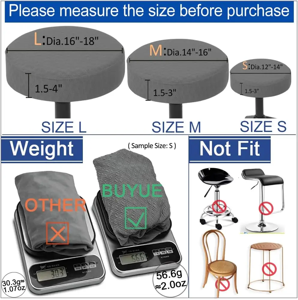 자카드 방진 스툴 시트 슬립 커버, 라운드 주름 방지, 신축성, 세탁 가능, 럭셔리 원단 직경 12-14 인치