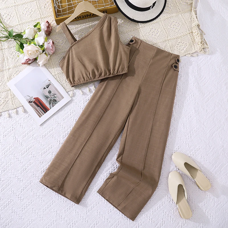 

Коричневый повседневный комплект для девочек 8-12 лет: укороченный топ на одно плечо и широкие брюки с эластичной резинкой сзади, повседневный детский наряд