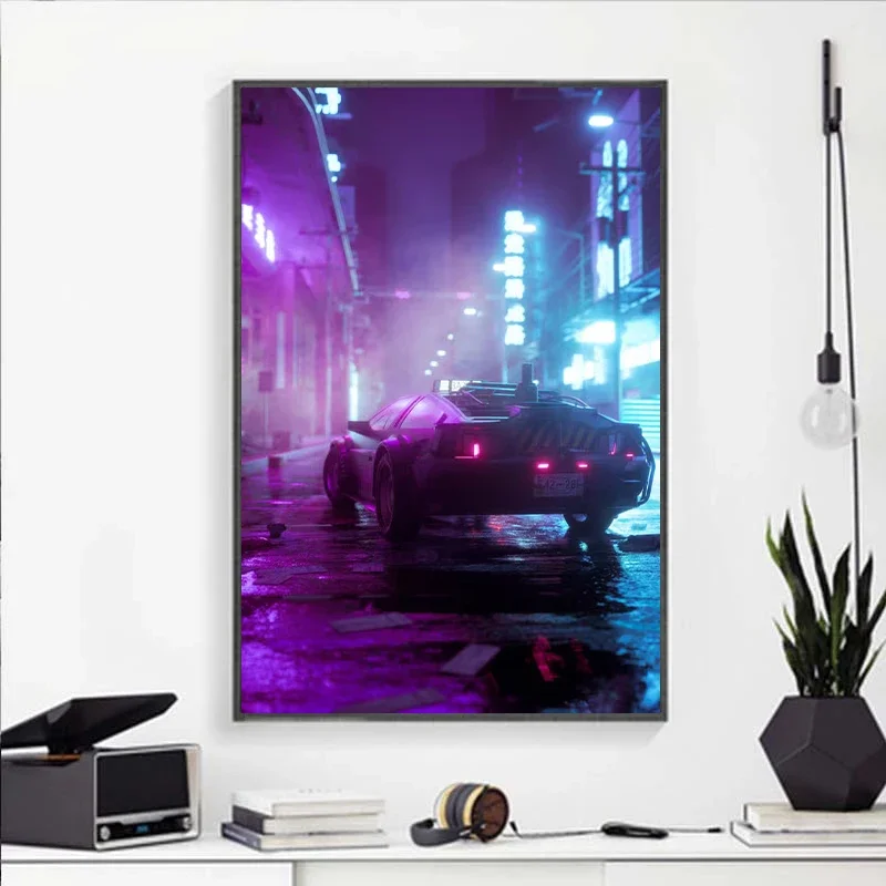 Neon Light Purple Steampunk Posters Racing Car Psychedelic Night Wall Art Prints Vintage Fascinate Canvas Painting Home Decor