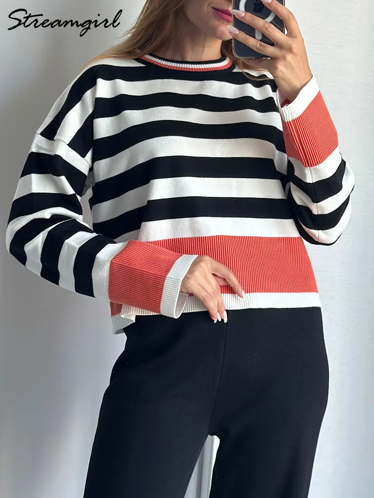 Autumn Winter Oversized Striped Sweaters For Women Loose Jumpers O Neck Knitted Tops Ladies Office Women Sweaters Orange 2024