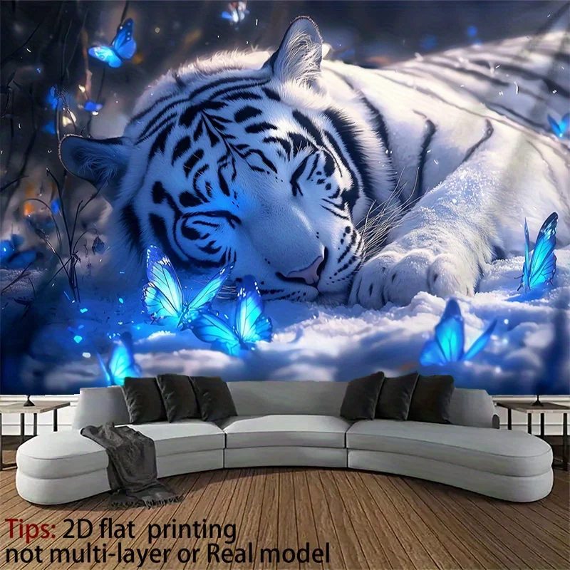VIKAMA Fantasy White Tiger Tapestry Butterfly Wall Carpet Magic Sleeping White Tiger Snow Forest Room Decoration