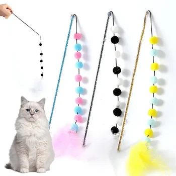 2pcs Feather Cat Toys Interactive for Cats Teasing Durable Kitten Playing Stick Cute Multicolour Plush Ball Supplies Pet Product