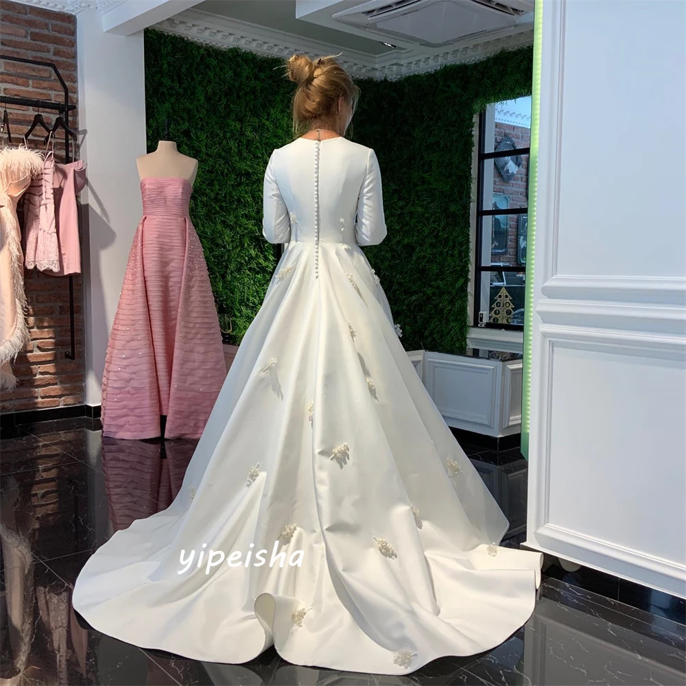   Satin Flower Draped Engagement A-line O-Neck Bespoke Occasion Gown Long Dresses