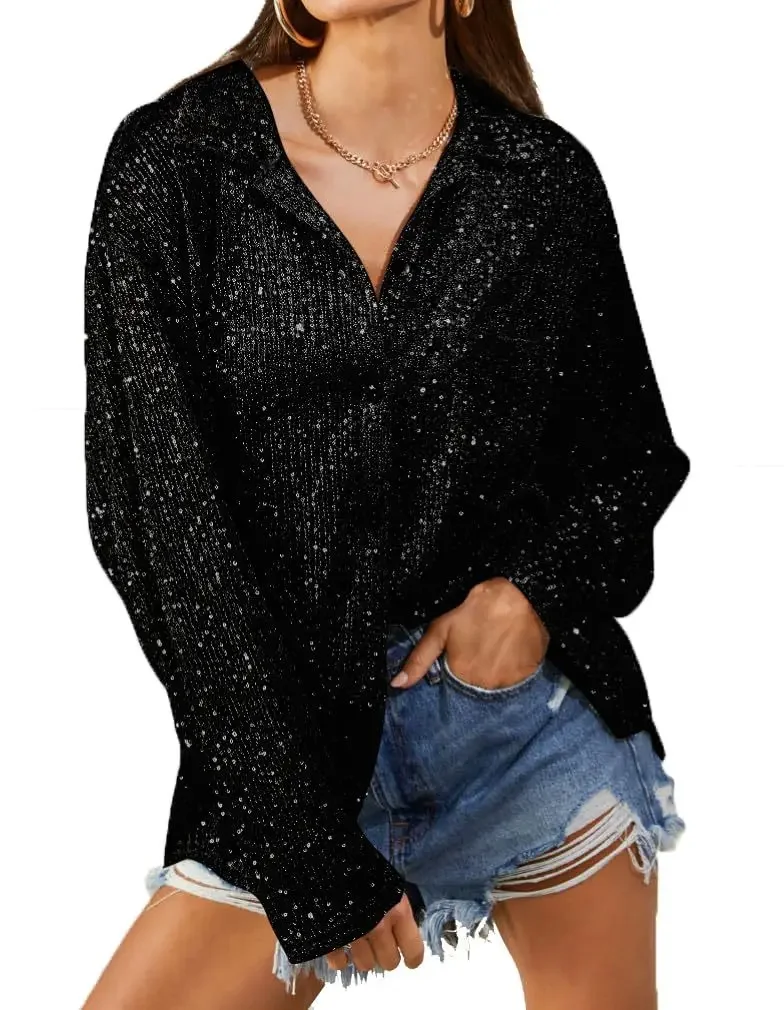 2024 Spring Summer New Fashion Sequin Women Long Sleeved Shirt with Flip Collar Elegant Female Casual Blouse