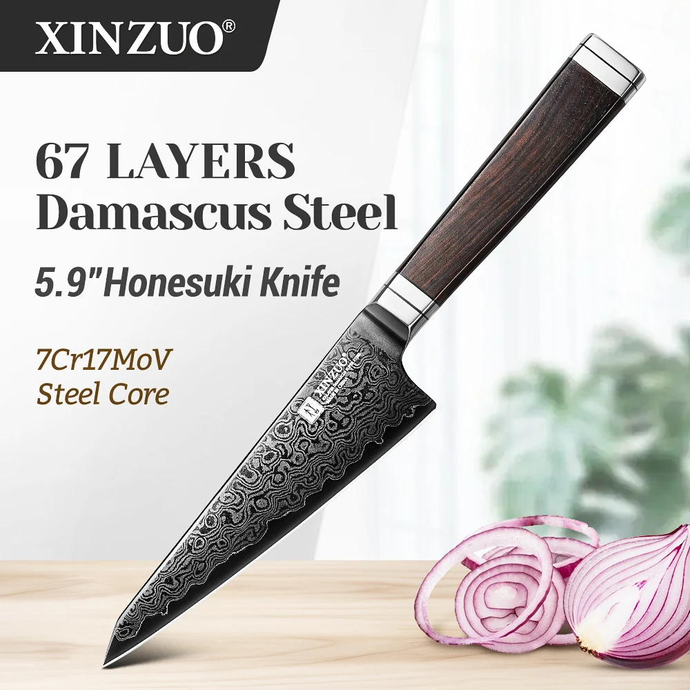 XINZUO 5.9‘’Inches Honesuki Knife 67 Layers Damascus Steel Forged Knife Core Hardness 56-58HRC Innovative Design